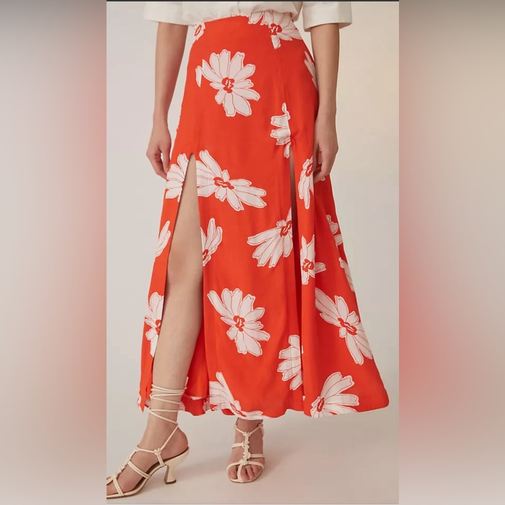 Anthropologie Red Floral Midi Skirt with White Daisies